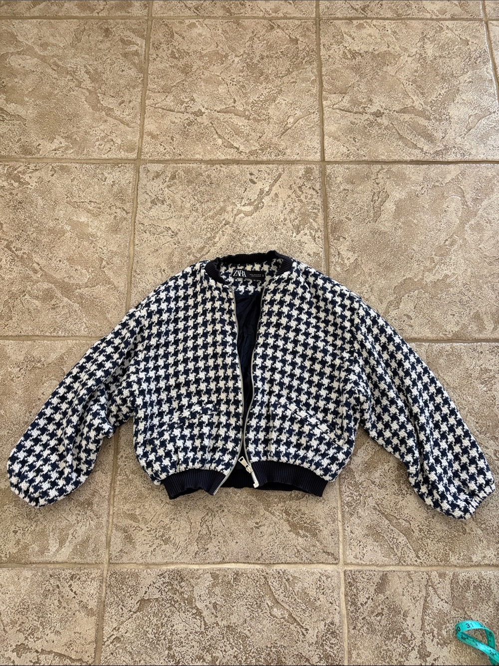 Zara Navy and White Houndstooth Bomber